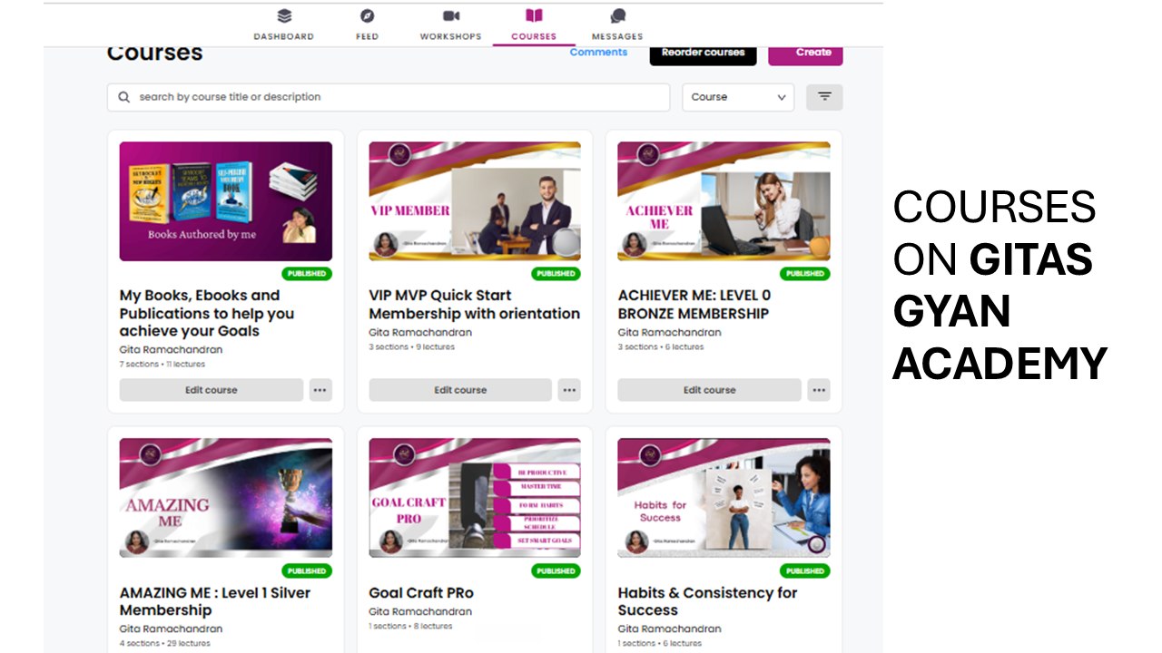 Gita's Gyan Academy Courses: My Books & Publications, VIP MVP Quick Start, Achiever's Blueprint, Leadership Foundations